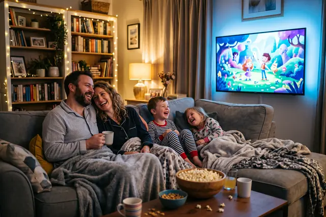 Family on the sofa picking a movie night title from the IPPlayTV IPTV movies and series library