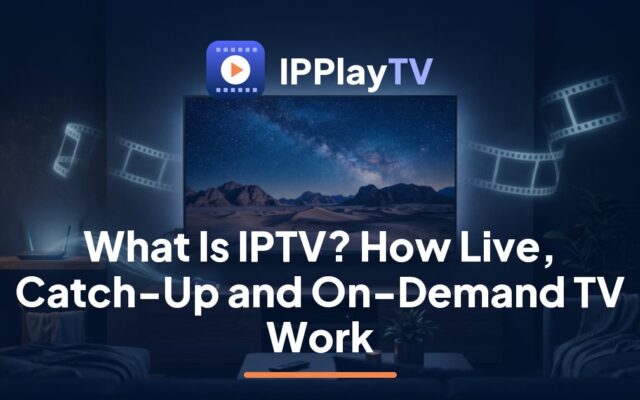 IPPlayTV guide to what is IPTV: a couple on a sofa browsing an on-demand film library on a big TV during movie night